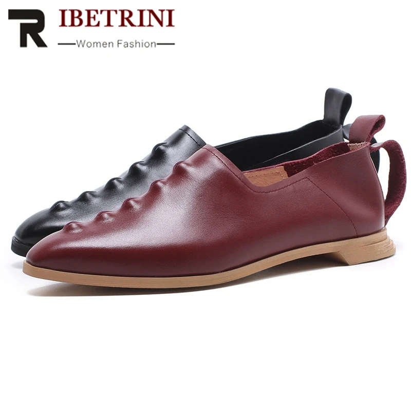 

RIBETRINI Brand Female Spring Shoes Woman Pointed Toe Consise Sewing Flats Women Casual Office Genuine Leather Flats
