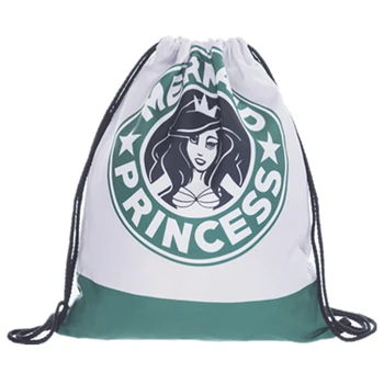 

3D Printed Drawstring Bag Mermaid Princess Fashion Mochila Cuerda Out Door Drawstring Backpack Women Men Modis String Bag Girl
