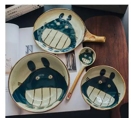Totoro 4 pieces Керамическая пиала для риса набор столовых приборов Прекрасный японский мультфильм кружка блюдо ложки посуда - Цвет: Totoro 4 pieces
