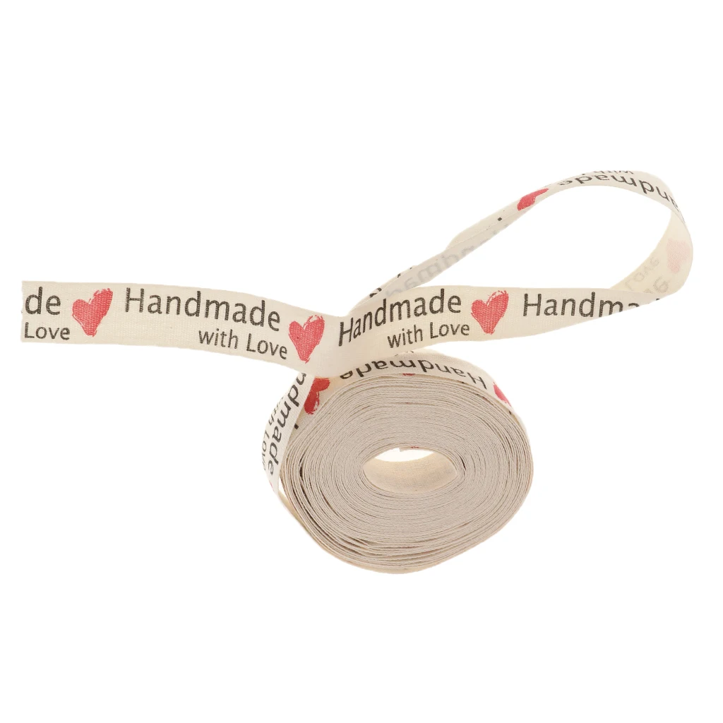 15mm 5 Yards Hand Made with Love Cotton Ribbon Belt Roll Gift Wrap DIY Sewing Accessories