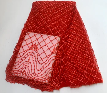 

red African Lace Fabric High Quality Latest With beads Nigerian French Lace Fabric Fashion African Tulle Mesh Fabric