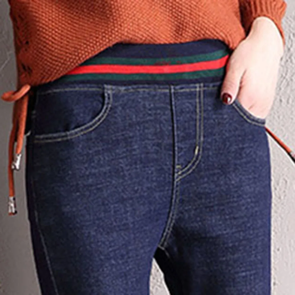 Зимние толстые теплые флисовые Джинсы женские джинсовые джинсы с высокой талией эластичные брюки повседневные штаны размера плюс 5XL синие корейские модные