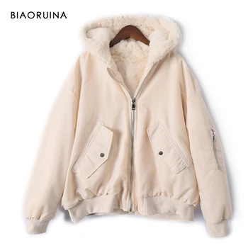 

BIAORUINA Women's Reversible Fleece Patchwork Polyester Warm Thick Bomber Jacket Coat Autumn Winter Loose Hooded Short Parkas