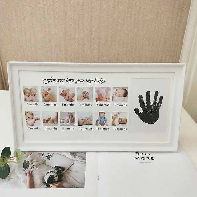 Baby Photo Frame 12 Month Growing Souvenir Photo Frame with Baby Handprint Footprint Ink Pad Imprint Baby Frame Souvenir
