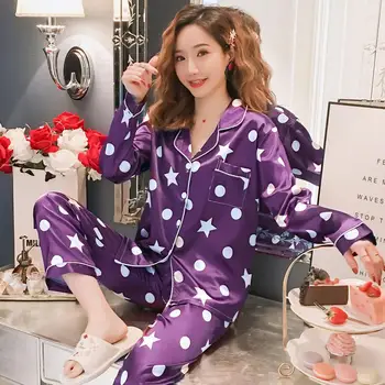 

Plus Size Womens Silk Satin Pajamas Print Cartoon Pyjamas Set Long Sleeve Sleepwear Pijama Suit Female 2 Piece Sleep Loungewear