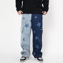 Pantalones vaqueros con estampado de estrellas para hombre, Pantalón recto de gran tamaño, estilo Hip Hop, Vintage, de pierna ancha, 2021