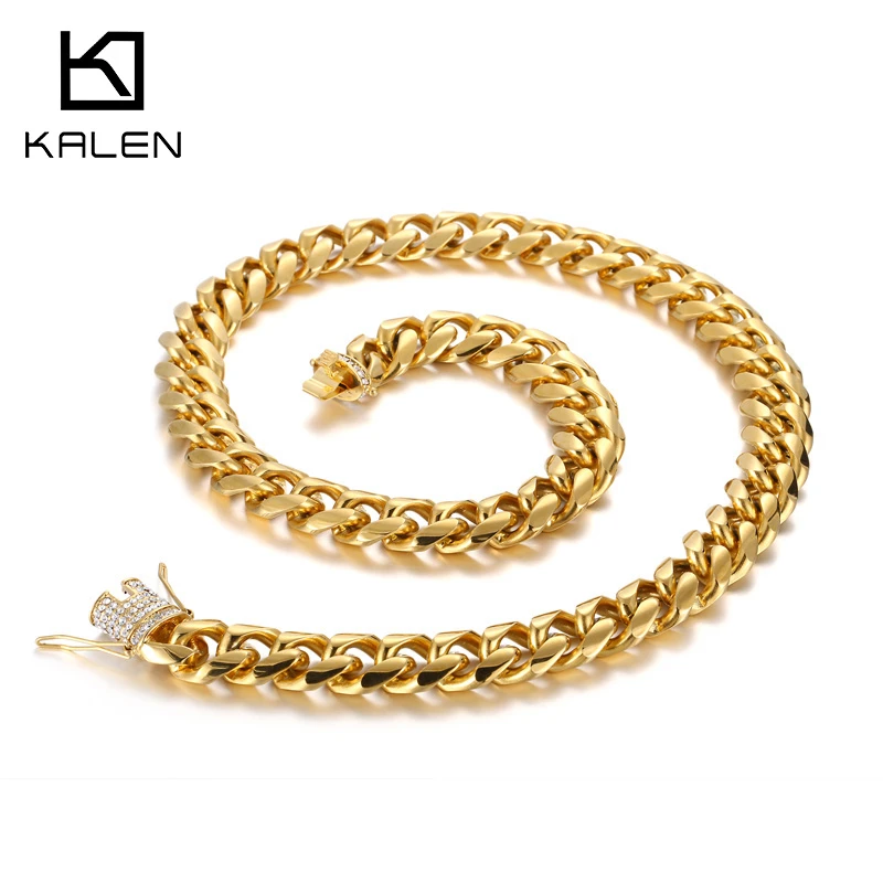 Kalen Punk Gold Cuban Chain Necklace Men Stainless Steel Cubic Zircon 50cm 55cm 60cm 65cm 71cm Long Choker Male Jewellry Chain Necklaces Aliexpress