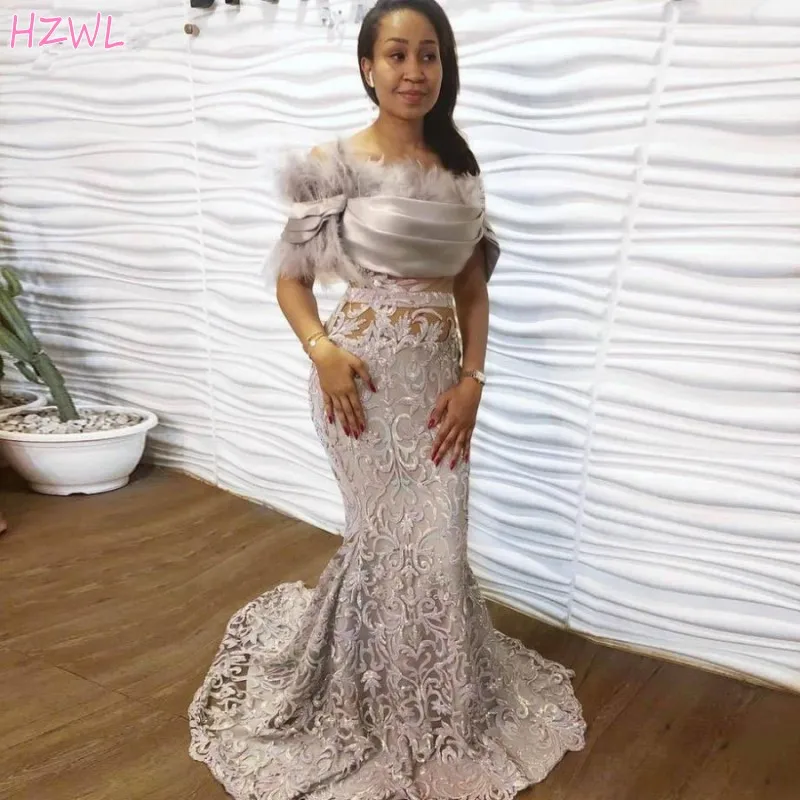 

2021 Silver Lace Evening Dress Off Shoulder Feathers Modest Mermaid Prom Dresses Sexy See Through Formal Gowns Robe De Soiree