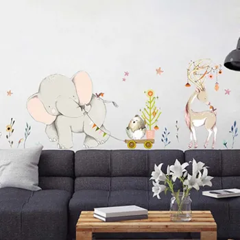 

Cartoon Forest Flowe Elephant Rabbit Giraffe Animal Wall Stickers Kids Room Decoration Vinyl Wallpaper Baby Bedroom Wall Decals