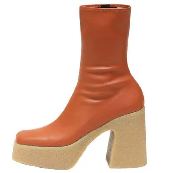

Fashion Spring/Autumn Solid Ankle Boots Retro Square Toe Zipper Women Boots Platform Square Toe Elastic Boots Botas De Mujer