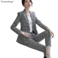 Высококачественный женский брючный костюм из мягкой толстой ткани, комплект из двух предметов для зимы, коричневый клетчатый пиджак, блейзер с клетчатые брюки, комплекты