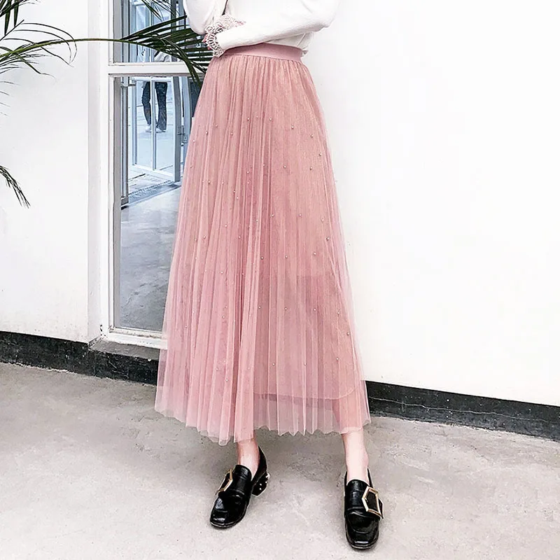 

Beading Tutu Skirt Women Pleated Mesh Skirts 2020 Spring Summer Bright Lining A-line Midi-calf Elastic High Waist Pink 3 Colours