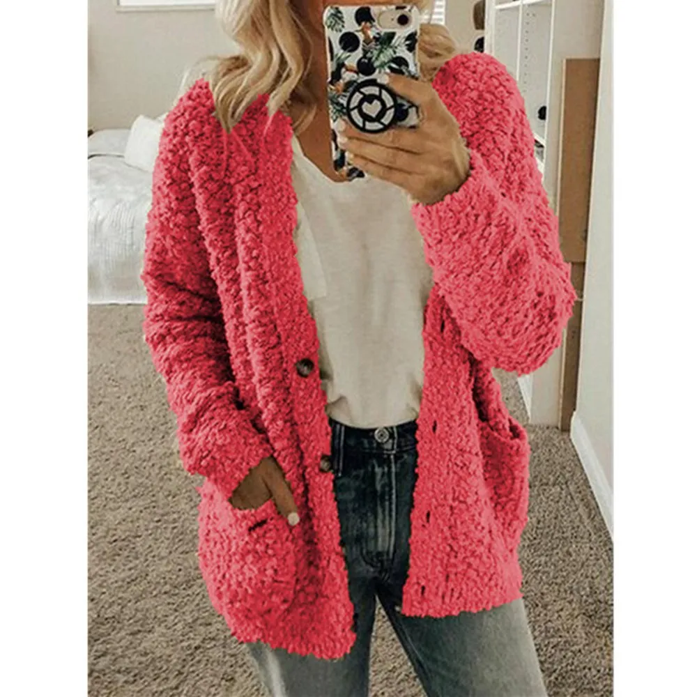 Women Autumn Winter Sweaters Tops Coat Fashion Women Casual Long Sleeve Button Solid Pocket Cardigan Tops Blouse Coat - Цвет: A