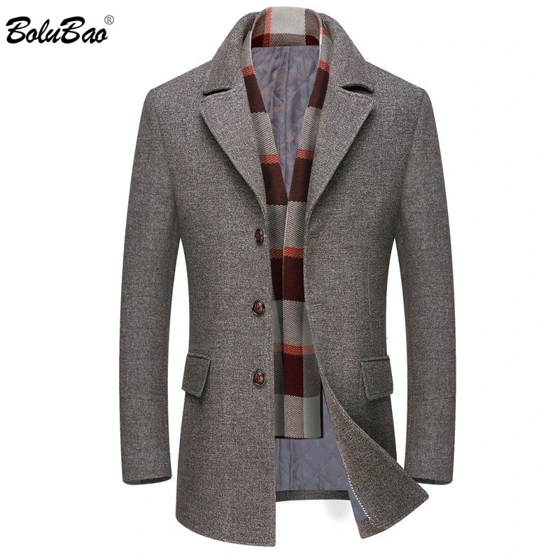 Cafuny Mens Wool Blend Winter Pea Coat Single Breasted Trenchcoat with Scraf