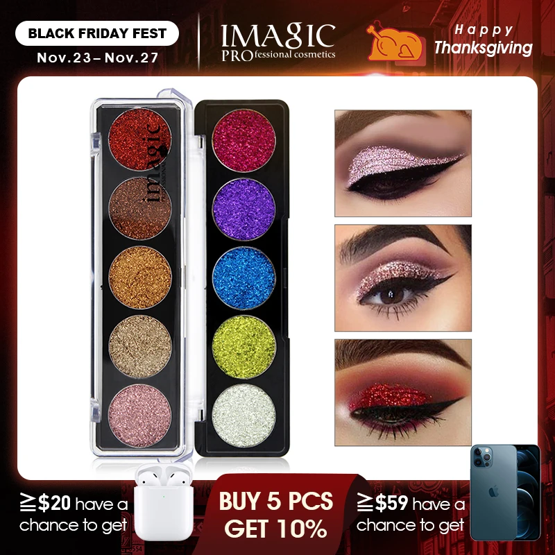 

IMAGIC Glitters Eyeshadow Cosmetic Pressed Eyeshadow Diamond Rainbow Make Up Pressed Glitters Eye shadow Palette 5 Color