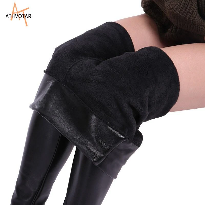 high waisted leggings ATHVOTAR Winter Leather Leggings Velvet Black Legging for Women Warm Thick Leggings Cold-Resistant Women Pants XS-2XL workout leggings