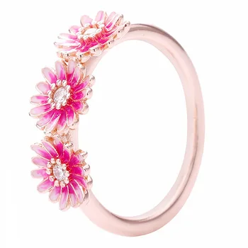 

Authentic 925 Sterling Silver Ring Pink Enamel Daisy Flower Trio Ring For Women Wedding Party Gift Fine Europe Jewelry
