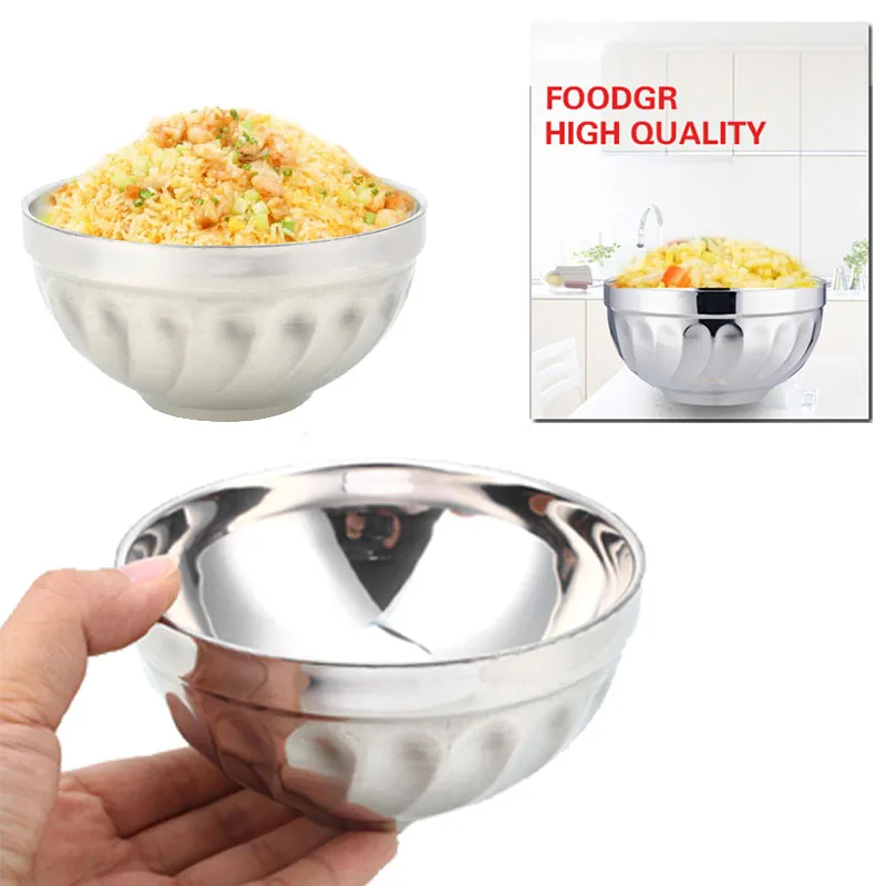 Stainless Steel Bowls Silver Color Kitchen Dual-Layers Double-Deck Rice Food Storage Utensil Dinnerware Container