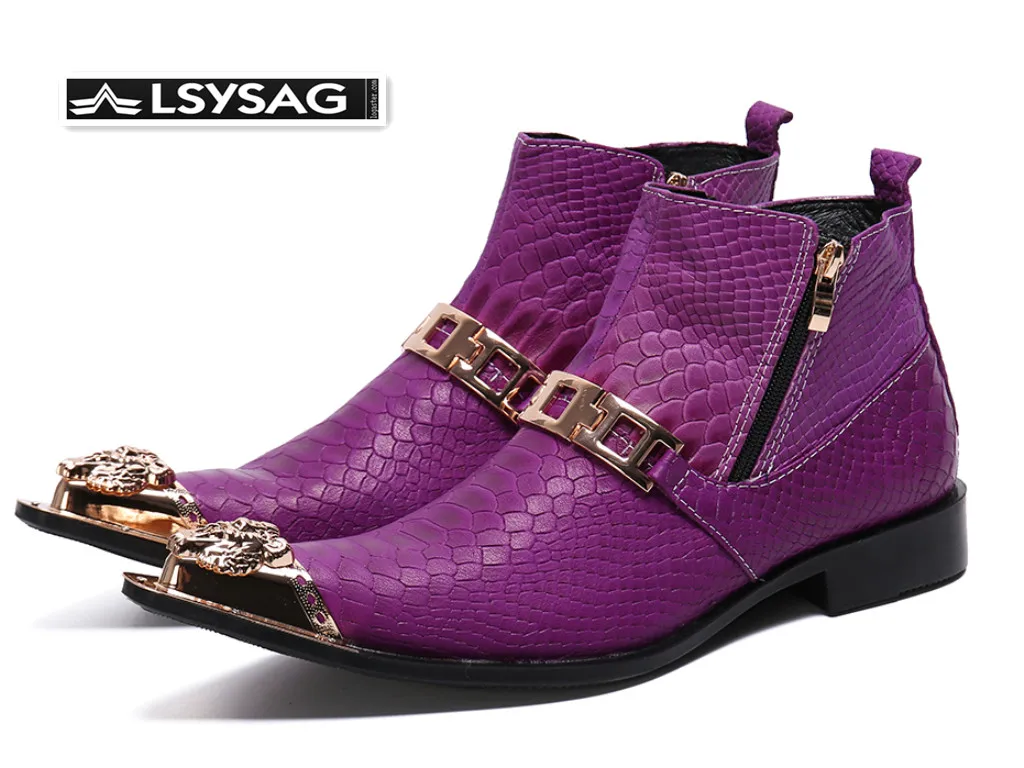 

Fashion Snake Pattern Men Genuine Leather Boots Metal Pointed Toe Formal Party Boots Purple Zip Ankle Boots Male