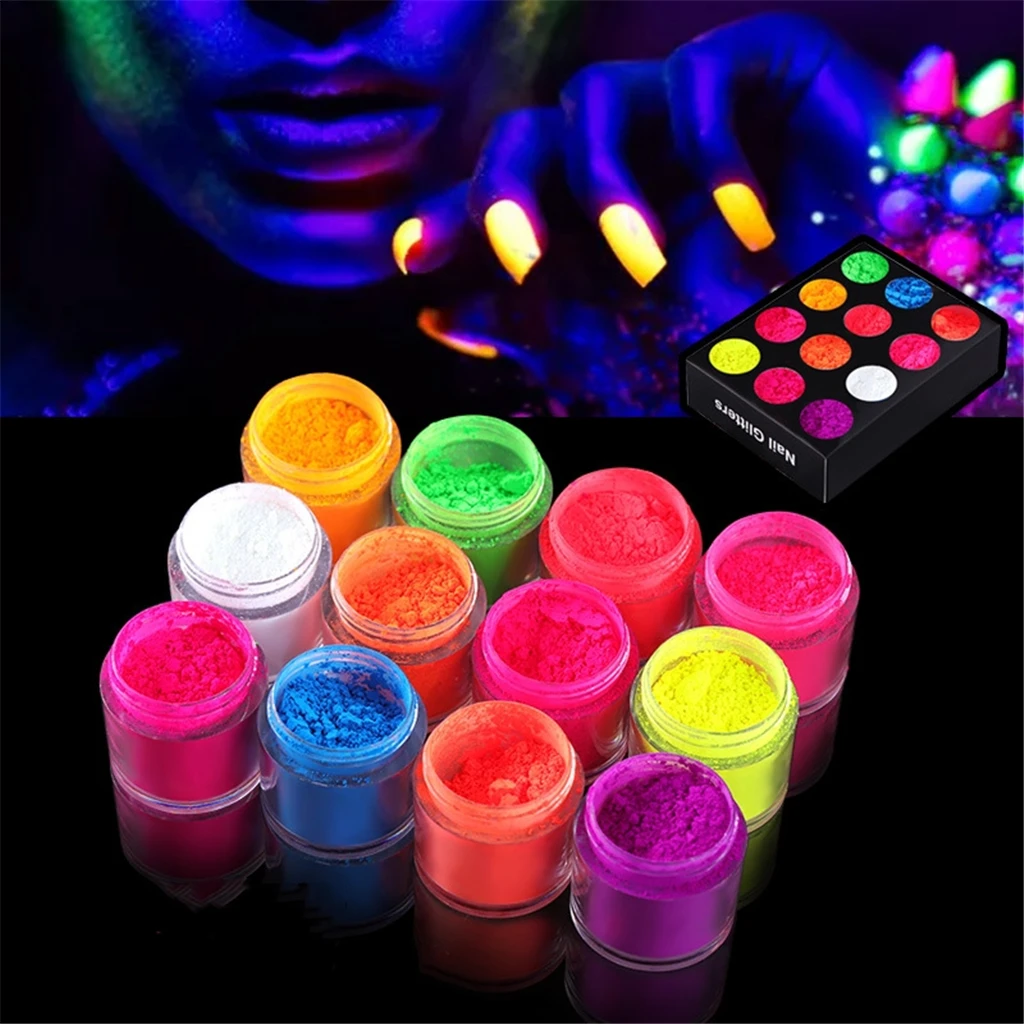 12 Jars Party Luminous Dipping Nail Dust Powder Kit Nail Tips Powder Fluorescent Nail Glitter Dip Powder, Glow-in-the-Dark