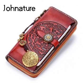 

Johnature National Style 2020 New Handmade Genuine Leather Carving Women And Men Long Wallet Vintage Cowhide Phone Purse
