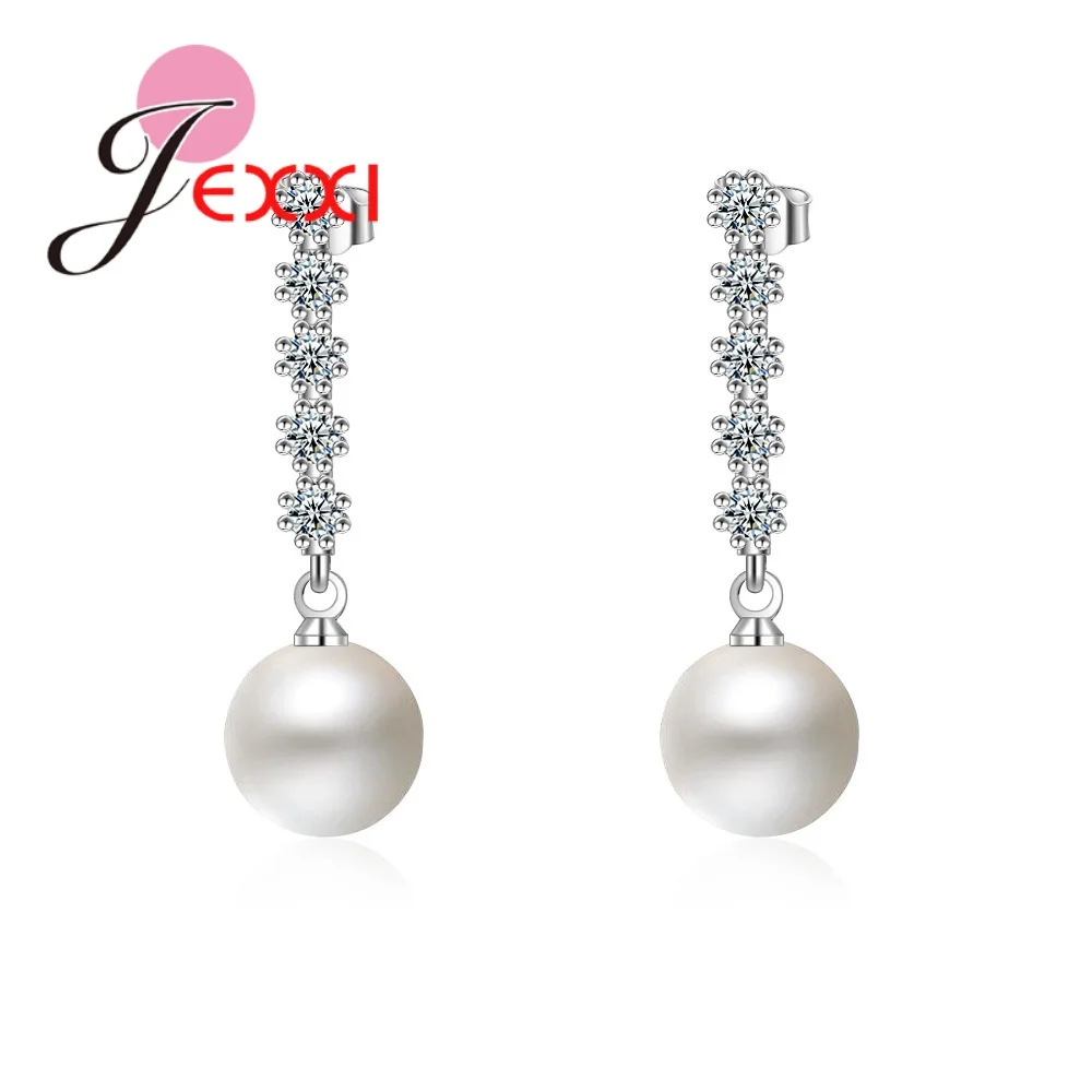 

New Freshwater Pearl Bridal Wedding Drop Earrings 925 Sterling Silver Shiny Crystal Dangle Earrings European Jewelry Wholesale