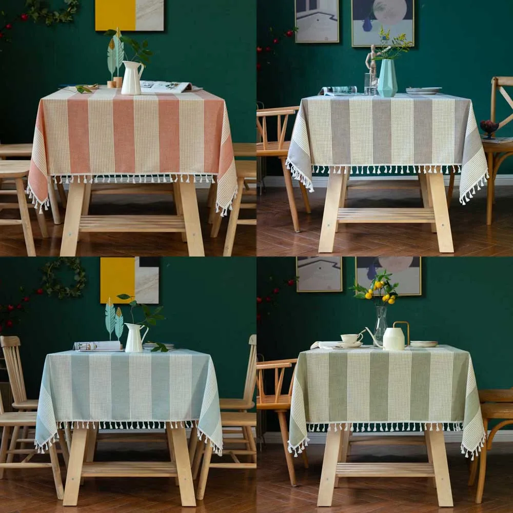 

Nordic Tassel Striped Linen Tablecloth Decorative Home Garden Wedding knitting Pendant Lace Rectangular Tea Table Cloth Cover