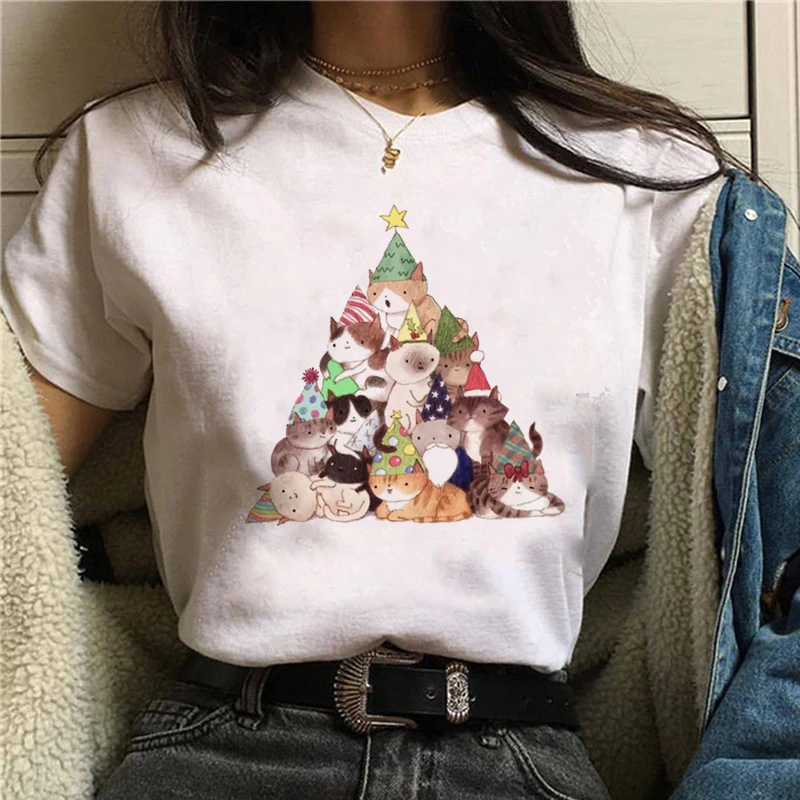Женская футболка с рождественской елкой, черно-белая футболка с коротким рукавом, рождественский подарок для семьи и друзей - Цвет: WTQ2840white
