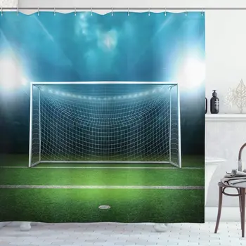 

Soccer Shower Curtain Soccer Goal Post Sports Area Winner Loser Line Floodlit Best Team Finals Game Theme Bathroom Decor Set