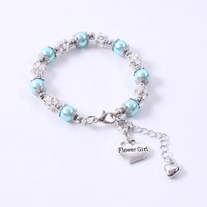 light blue Очаровательные детские браслеты в форме сердца с цветами для девочек, женские Роскошные жемчужные браслеты, свадебные ювелирные изделия для девочек, Прямая поставка, подарок - Окраска металла: light blue
