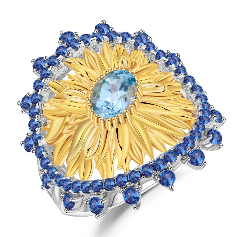 

GEM'S BALLET 925 Sterling Silver Handmade Vintage Sunflower Ring 1.00Ct Natural Swiss Blue Topaz Rings for Women Luxury Jewelry