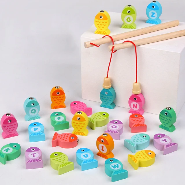 Baby Wooden Magnetic Fishing Toys Learning Alphanumeric Marine Life Cognition Color Early Educational Digital Fishing Games Toy 2