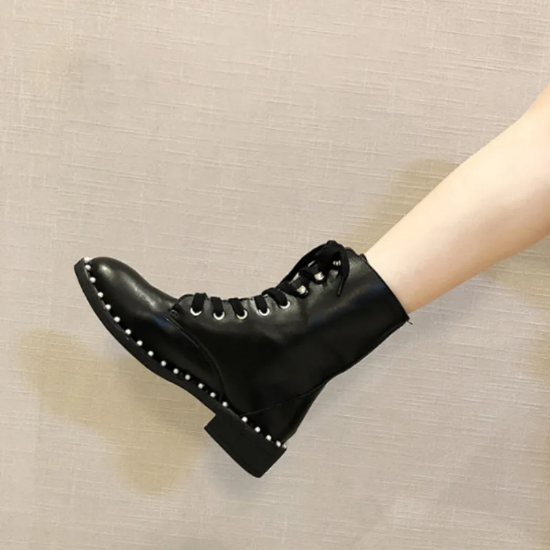 

Boots Women Fashion Mid Heel Lace-Up Black Leather Martin Boots Pearl Round Toe Shoes Outdoor PU Leather Winter Female Shoes