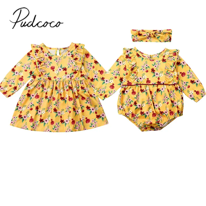2019 Baby Spring Autumn Clothing Toddler Girl Clothes Sisters Matching Floral Romper Dress Long Sleeve Outfits Set | Мать и ребенок