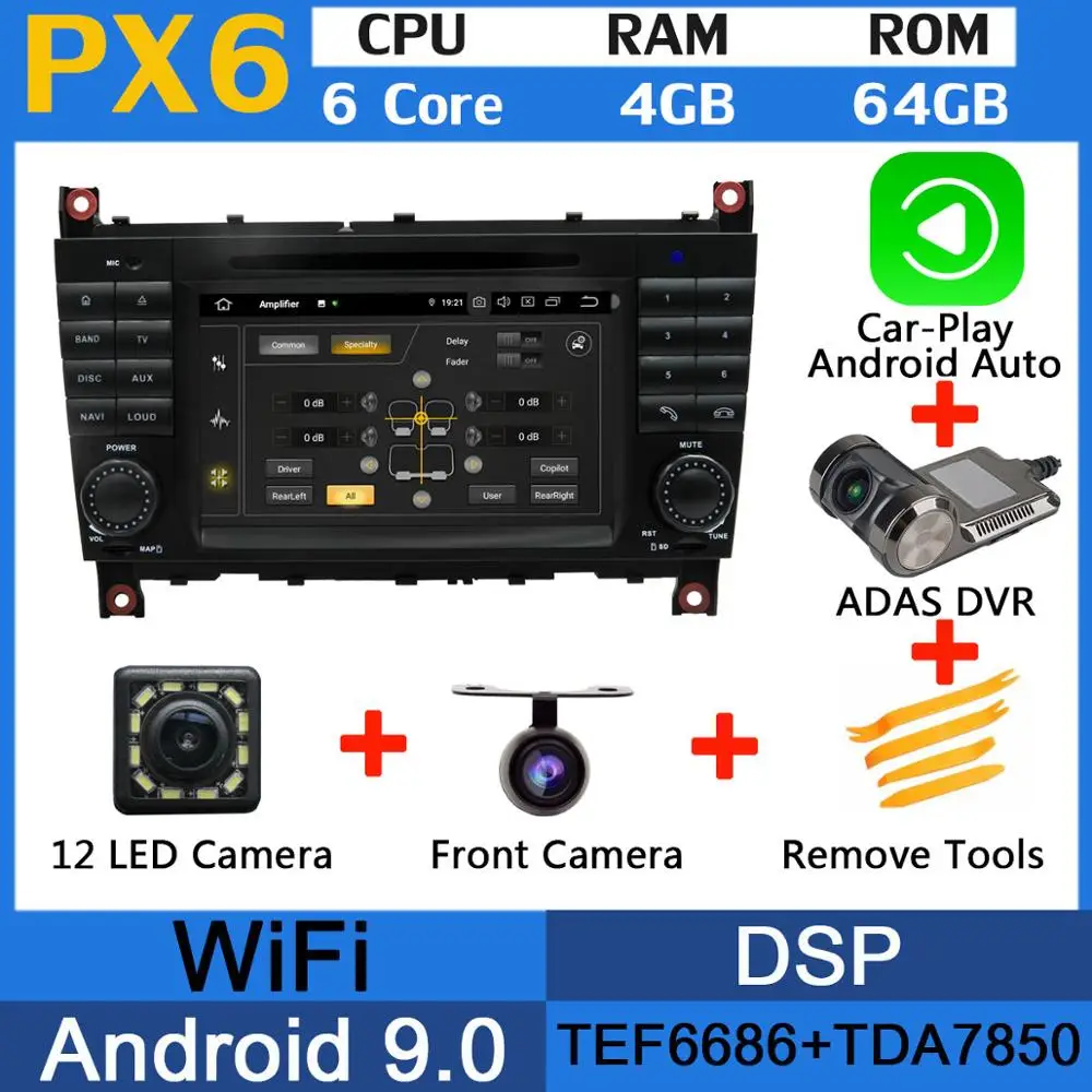 PX6 Octa Core Android 9,0 4+ 64G 5 USB для Mercedes Benz C Class W203 C180 C200 C220 C230 C240 C250 C270 C280 C300 C320 автомобильный радиоприемник - Цвет: PX6-CarPlay-ADAS