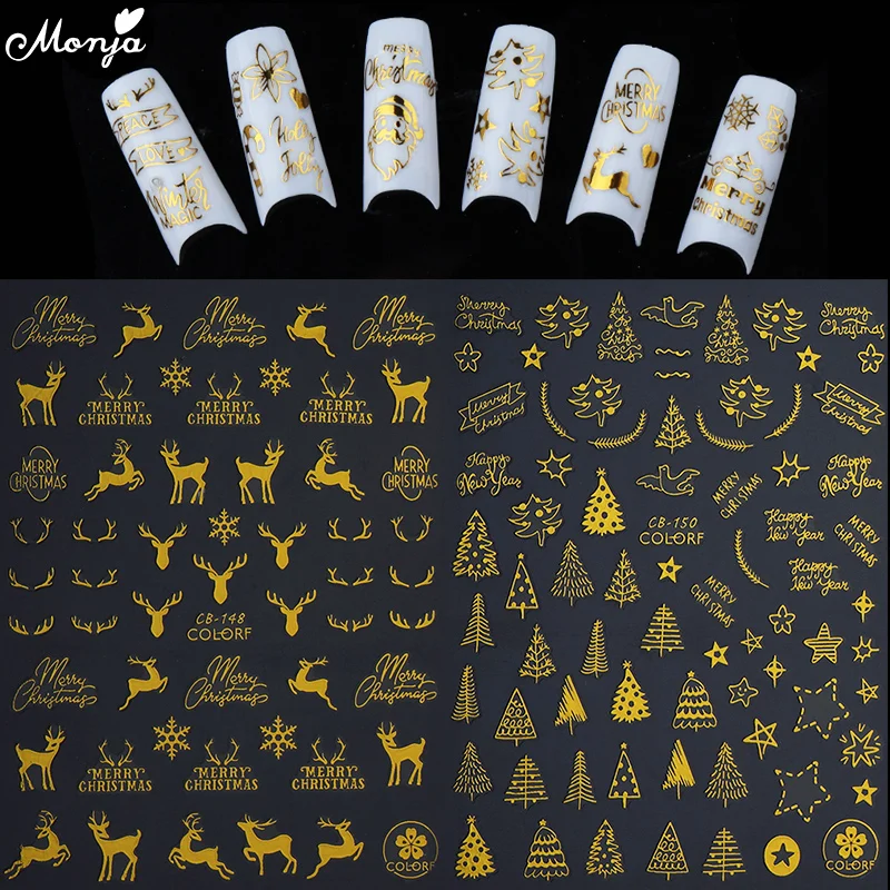 

Monja Gold Christmas Series Nail Art Self-Adhesive Transfer Sticker Snow Flower Xmas Cap Elk Pattern 3D Manicure Accessories
