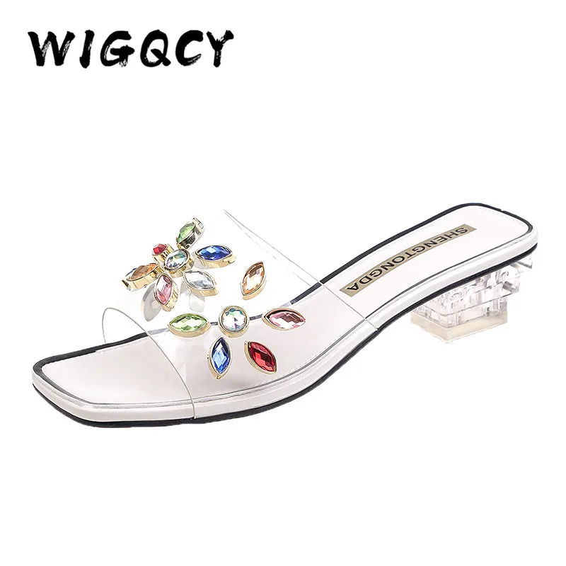 Bild von Transparent Middle Heels Slippers Female Shoes Colorful Rhinestone New Summer Shoes Women Fashion Crystal Clear Cool Mules Slide