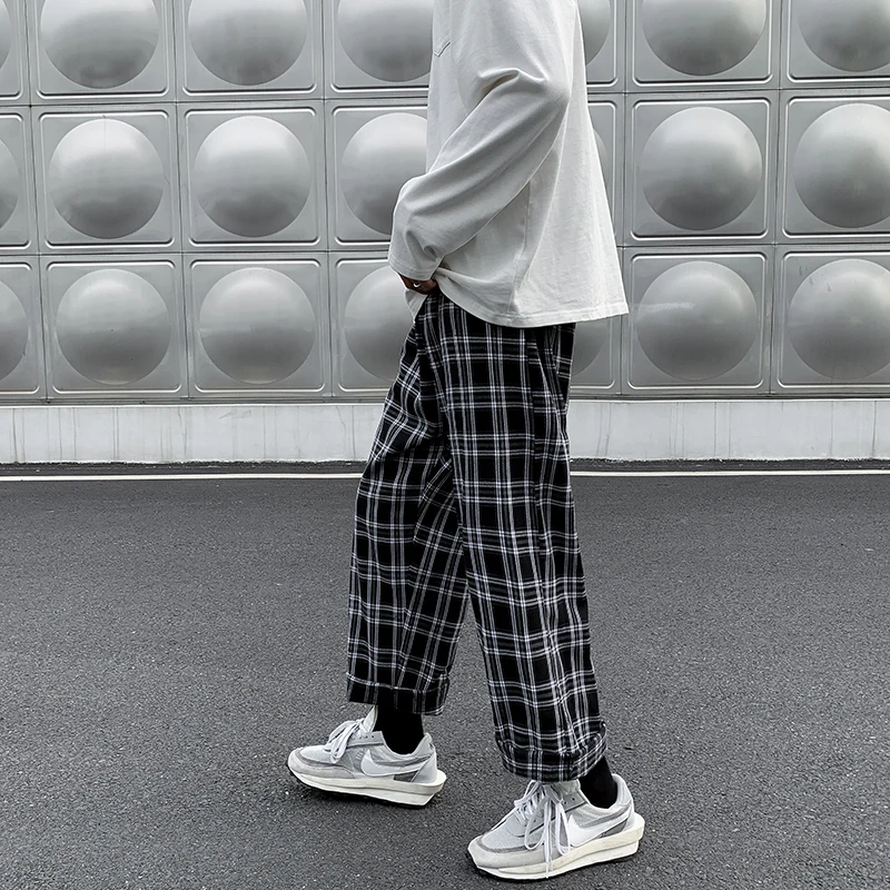 Men Wide Leg Casual Pants Plaid Ankle Length Elastic Waist
