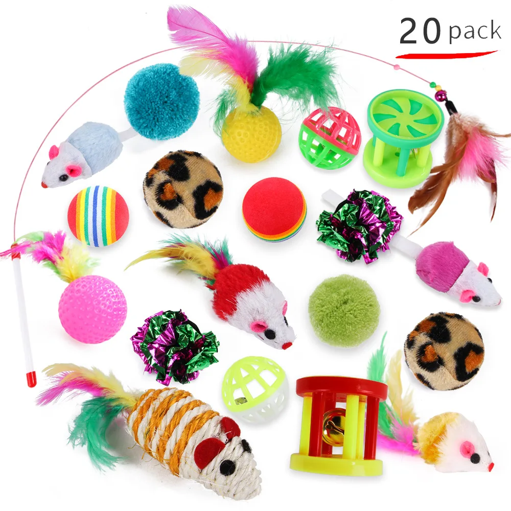 20 Sets Cat Interactive Toy Rainbow Ball Cat Toy Colorful Feather Wand