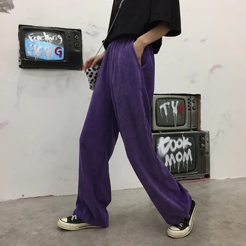 

Harajuku Pants Women Retro Solid Color Elastic Waist Wide Leg Drawstring Hem Jogger Harem Trousers Street Purple Pants Unisex