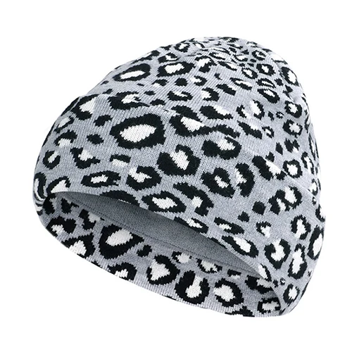 Leopard Beanie Женская Мужская шляпа на зиму осень с теплыми полями хип-хоп уличные лыжные аксессуары - Цвет: Серый