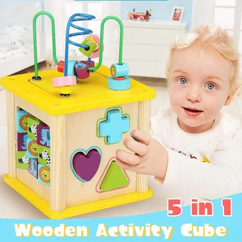 

Wooden Activity Cube 5 in 1 Bead Maze Multipurpose Educational Toy Wood Shape Color Sorter for Kids