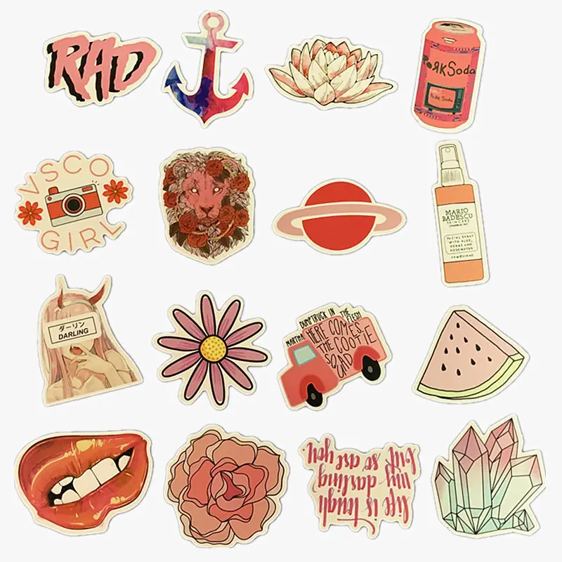 50pcs Cartoon Aesthetic Pink Stickers Notebook Laptop Phone Case  Scrapbooking Luggage Fridge Vinyl Sticker for Kids