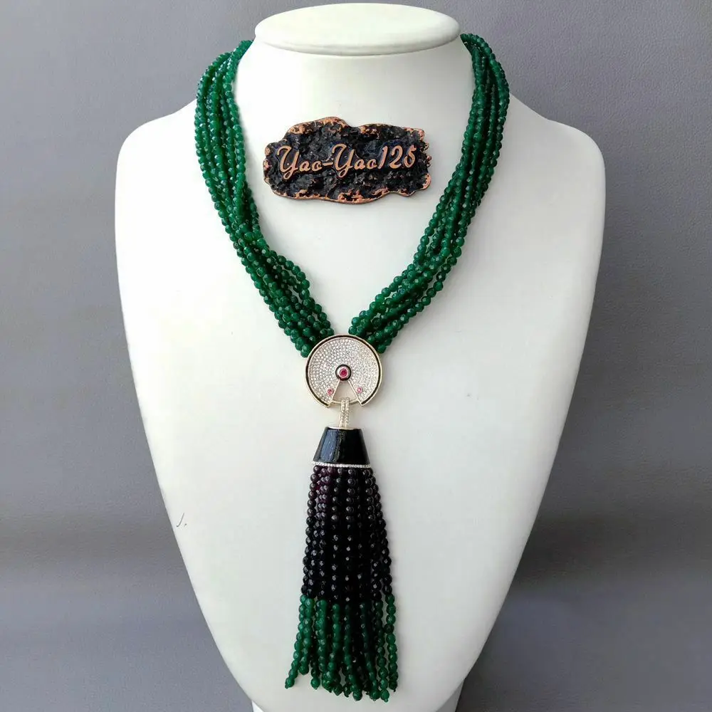 

19'' 7 Strands Green Stone Onyx Garnet Necklace CZ Tassel Pendant