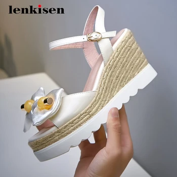 

Lenkisen genuine leather straw peep toe thick bottom butterfly-knot pendant wedges buckle straps high heels summer sandals L60