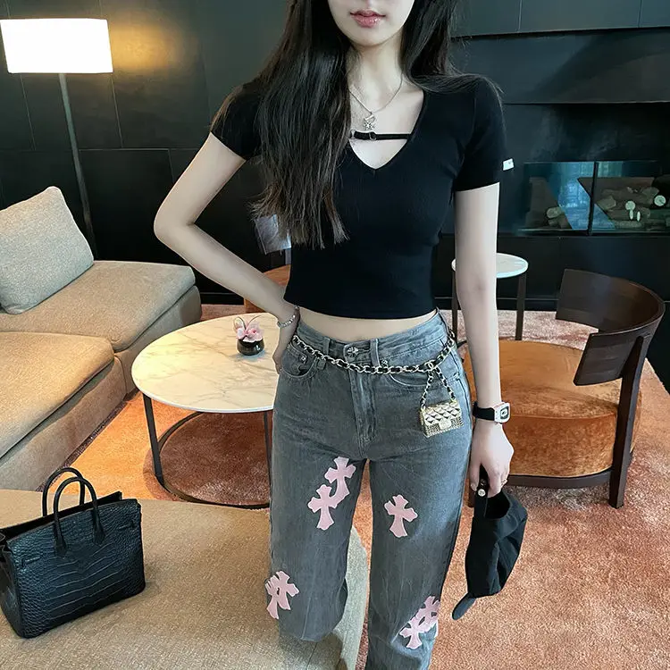 Fashion New Leather Pink Cross Jeans Womens Vintage Gothic Gray Loose Straight Jeans Autumn Girl Fried Streetwear Hip Hop Denim apple bottom jeans