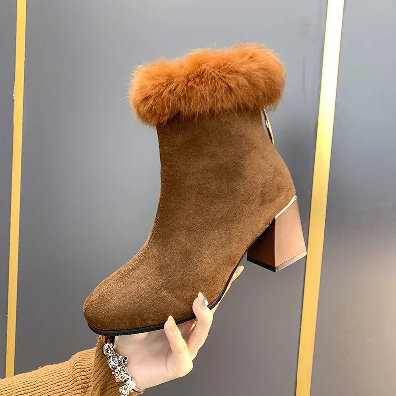 

Women's Boots 2021 New Winter Outdoor Keep Warm Fur Boots Waterproof Women Snow Boots Ladies Square Heel Round Head Short Boots