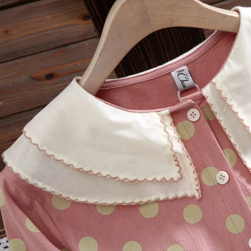 2020 Japanese Preppy Style Spring Autumn Women Cute Dress Polka Dot Cotton Sweet Dress Double-Layered Collar Pink Apricot Dress
