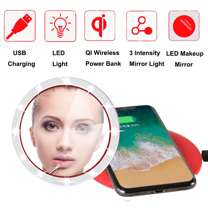 

Wireless USB Charging LED Makeup Mirror Portable LED Compact Make up Mirror With 3 Intensity Mirror Light Wireless Power Bank