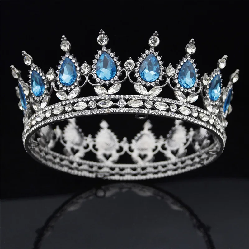 Королевская Королева Король Корона разноцветный свадебный венец со стразами свадебные диадемы и короны пышная головная повязка головной убор невесты украшения для волос - Окраска металла: Black Light Blue